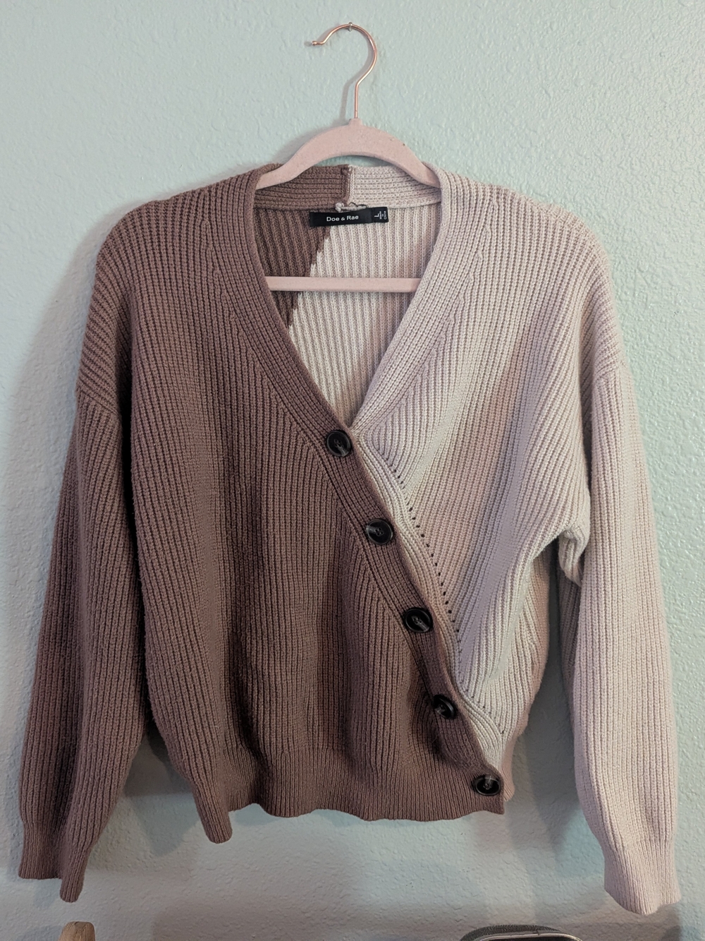 Doe & Rae Two-Tone Brown and Cream Asymmetrical Button Cardigan